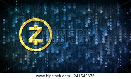 Zcash Virtual Currency. Yellow Trading Sign On The Pixelated Background With Blank Copyspace For Adv