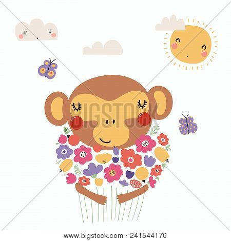Hand Drawn Vector Illustration Of A Cute Funny Monkey Holding A Bouquet Of Flowers, With Butterflies