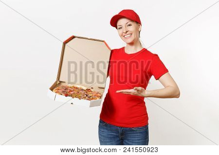 Delivery Woman In Red Uniform Isolated On White Background. Pretty Female In Cap, T-shirt, Jeans Wor