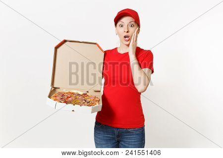 Delivery Woman In Red Uniform Isolated On White Background. Pretty Female In Cap, T-shirt, Jeans Wor