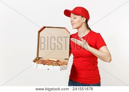Delivery Woman In Red Uniform Isolated On White Background. Pretty Female In Cap, T-shirt, Jeans Wor