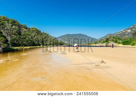 Tidal River, Australia - January 28, 2018: The Brackish Waters Of Tidal River Run Into The Sea At Ti