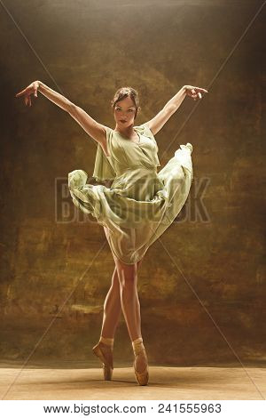 Young Female Ballet Dancer - Harmonious Pretty Woman In Dress Posing In Studio - Contemporary Dance 