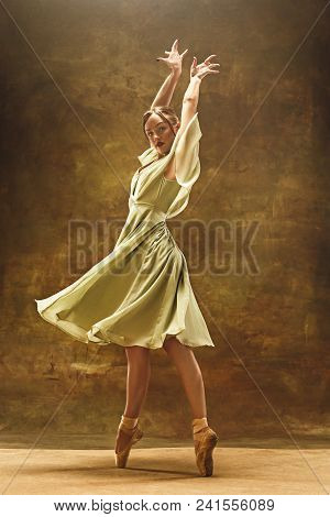 Young Female Ballet Dancer - Harmonious Pretty Woman In Dress Posing In Studio - Contemporary Dance 
