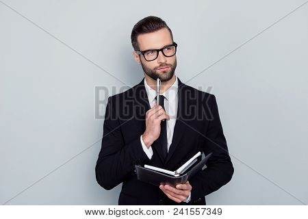 Writer Thinker Author Journalist Essay Concept. Portrait Of Pensive Smart Clever Intelligent Inspire