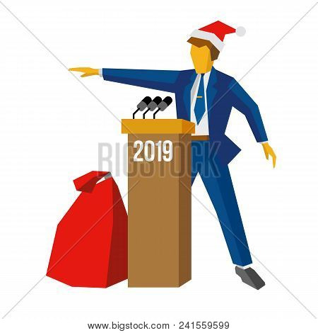 New Year 2018 Concept - Speaker At Podium In Santa Hat. Man Standing At Rostrum, Big Gift Bag Near. 