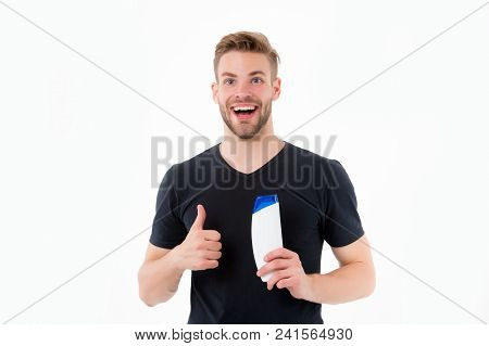 Happy Man Show Thumbs Up To Shampoo Bottle. Bearded Man Smile With Gel Tube Isolated On White Backgr