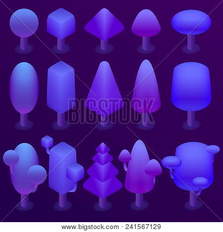 Vector 3d Isometric Purple Plants, Ultra Violet Trees Collection. Nature Objects For Environment In 
