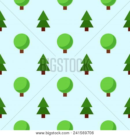 Seamless Primitive Flat Style Firs And Green Trees Pattern On Light Blue Background