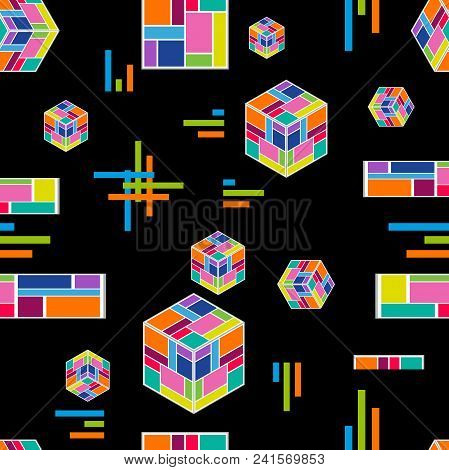 Seamless Vector Pattern With Falling Cubes, Stripes And Crosses On Black Background. Trendy Modern D