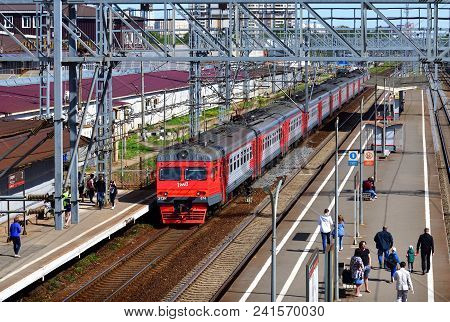 Skhodnya, Russia - May 09. 2018. The Train Of The Company Rzd Arrives At The Station.