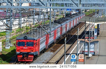 Skhodnya, Russia - May 09. 2018. The Train Of The Company Rzd Arrives At The Station.