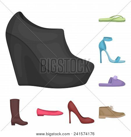 A Variety Of Shoes Cartoon Icons In Set Collection For Design. Boot, Sneakers Vector Symbol Stock  I