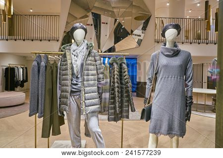 MILAN, ITALY - CIRCA NOVEMBER, 2018: shop window display of clothing at a Elena Miro store in Milan, Italy.