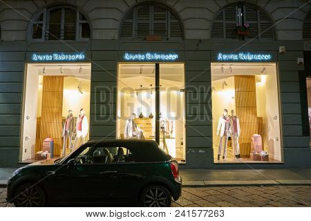 MILAN, ITALY - CIRCA NOVEMBER, 2018: shop windows display of clothing at Amina Rubinacci store in Milan, Italy.