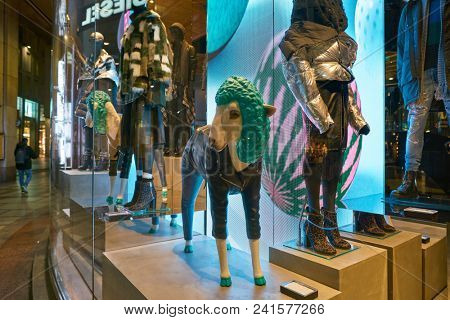 MILAN, ITALY - CIRCA NOVEMBER, 2018: shop window display of clothing at a Diesel store in Milan, Italy.