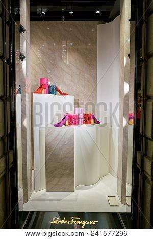 MILAN, ITALY - CIRCA NOVEMBER, 2018: shop window display of bags and accessories at Salvatore Ferragamo store in Milan, Italy.