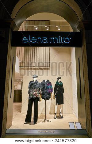 MILAN, ITALY - CIRCA NOVEMBER, 2018: shop window display of clothing at a Elena Miro store in Milan, Italy.