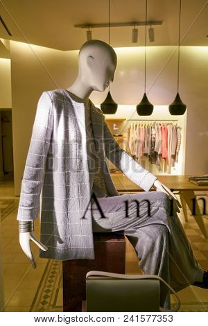 MILAN, ITALY - CIRCA NOVEMBER, 2018: shop window display of clothing at Amina Rubinacci store in Milan, Italy.