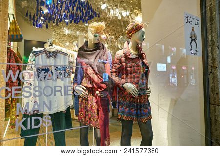MILAN, ITALY - CIRCA NOVEMBER, 2018: shop window display of clothing at Desigual store in Milan, Italy.