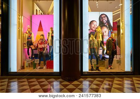 MILAN, ITALY - CIRCA NOVEMBER, 2018: shop windows display of clothing at GAP store in Milan, Italy.