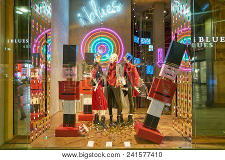 MILAN, ITALY - CIRCA NOVEMBER, 2018: shop window display of clothing at iBlues store in Milan, Italy.