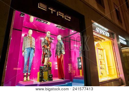 MILAN, ITALY - CIRCA NOVEMBER, 2018: shop window display of clothing at a store in Milan, Italy.
