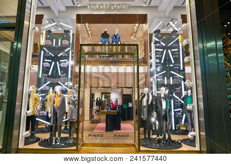 MILAN, ITALY - CIRCA NOVEMBER, 2018: shop window display of clothing at Pinko store in Milan, Italy.
