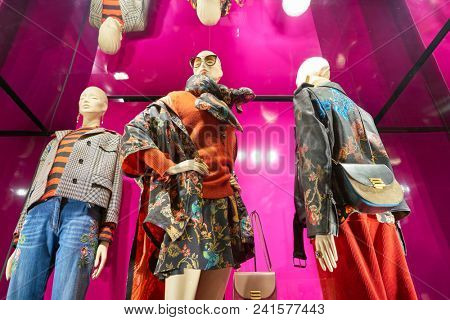 MILAN, ITALY - CIRCA NOVEMBER, 2018: shop window display of clothing at a store in Milan, Italy.
