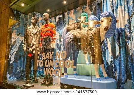 MILAN, ITALY - CIRCA NOVEMBER, 2018: shop window display of clothing at a Diesel store in Milan, Italy.