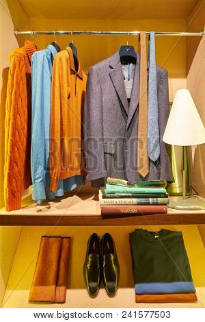 MILAN, ITALY - CIRCA NOVEMBER, 2018: shop window display of clothing at a store in Milan, Italy.