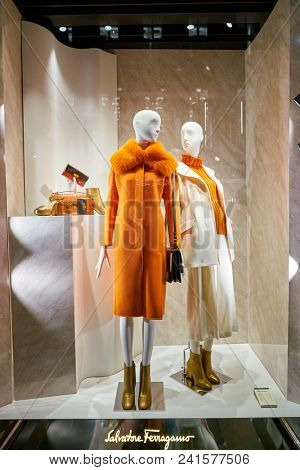 MILAN, ITALY - CIRCA NOVEMBER, 2018: shop window display of clothing at Salvatore Ferragamo store in Milan, Italy.