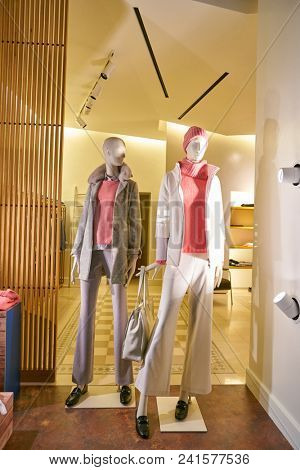 MILAN, ITALY - CIRCA NOVEMBER, 2018: shop window display of clothing at Amina Rubinacci store in Milan, Italy.