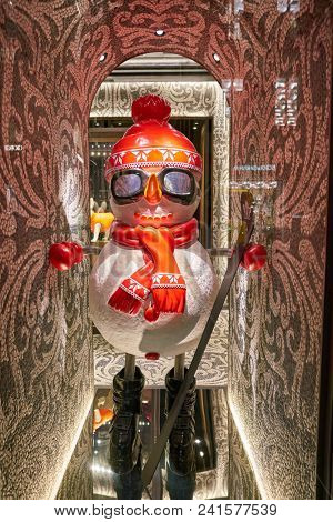 MILAN, ITALY - CIRCA NOVEMBER, 2018: shop window display of clothing at a Moncler store in Milan, Italy.