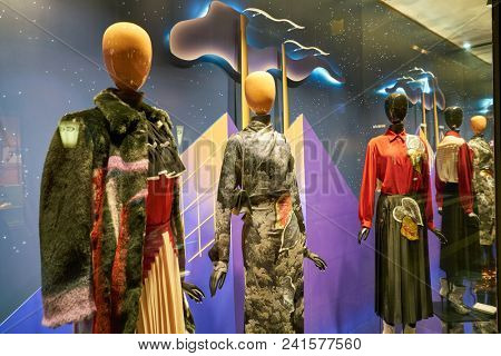 MILAN, ITALY - CIRCA NOVEMBER, 2018: shop window display of clothing at a store in Milan, Italy.