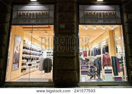 MILAN, ITALY - CIRCA NOVEMBER, 2018: shop window display of clothing at a Goldenpoint store in Milan, Italy.