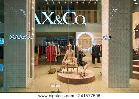 MILAN, ITALY - CIRCA NOVEMBER, 2018: shop window display of clothing at MAX&Co store in Milan, Italy.