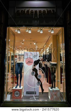 MILAN, ITALY - CIRCA NOVEMBER, 2018: display window at Goldenpoint store in Milan.
