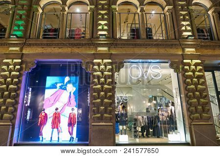 MILAN, ITALY - CIRCA NOVEMBER, 2018: shop windows display of clothing at OVS store in Milan, Italy.