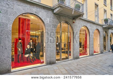 MILAN, ITALY - CIRCA NOVEMBER, 2018: shop windows display of clothing at a store in Milan, Italy.