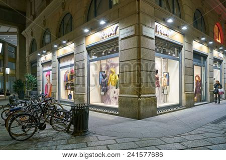 MILAN, ITALY - CIRCA NOVEMBER, 2018: shop windows display of clothing at a store in Milan, Italy.