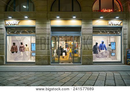 MILAN, ITALY - CIRCA NOVEMBER, 2018: shop windows display of clothing at a store in Milan, Italy.
