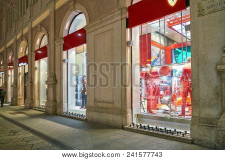 MILAN, ITALY - CIRCA NOVEMBER, 2018: shop windows display of clothing at a store in Milan, Italy.