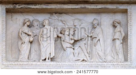 MODENA, ITALY - JUNE 04: Panel with episodes of the life of St. Geminiano, by Agostino di Duccio of about 1442, Modena Cathedral, Italy on June 04, 2017.