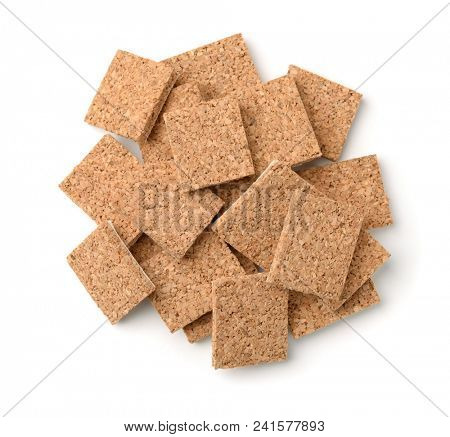 Top view of self-adhesive cork furniture protector pads isolated on white