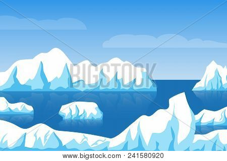 Cartoon Winter Polar Arctic Or Antarctic Ice Landscape With Iceberg In Sea Vector Illustration. Ice 