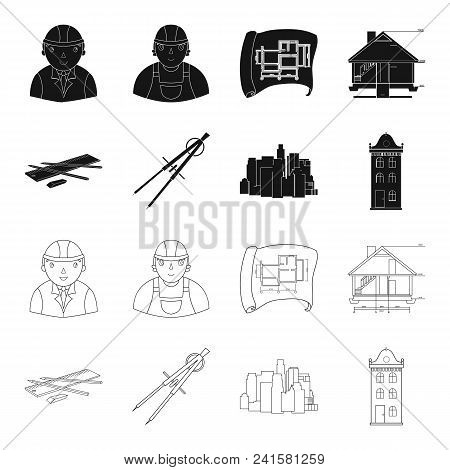 Drawing Accessories, Metropolis, House Model. Architecture Set Collection Icons In Black, Outline St