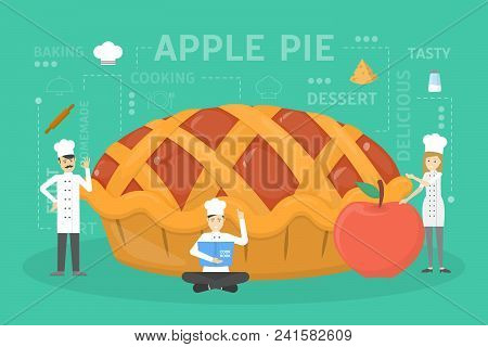 Cooking Giant Apple Pie. Chefs In Uniform Building Food.