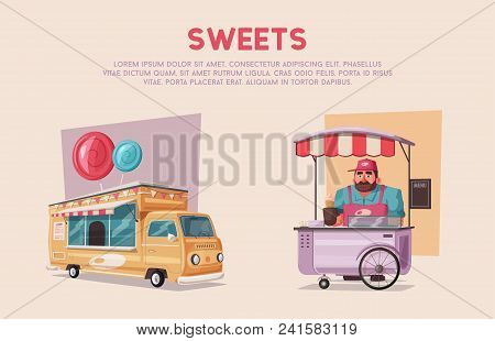 Street Food Or Fast Food Hawker Vendor Truck. Cartoon Vector Illustration. Outdoor Cart With Seller.