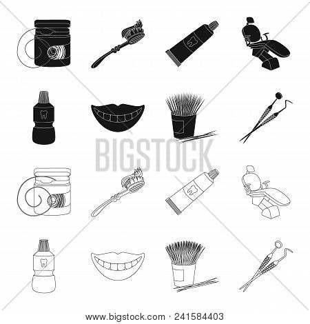 Dental Sterile Liquid In The Jar, Lips, Teeth, Toothpicks In The Jar, Medical Instruments For The De